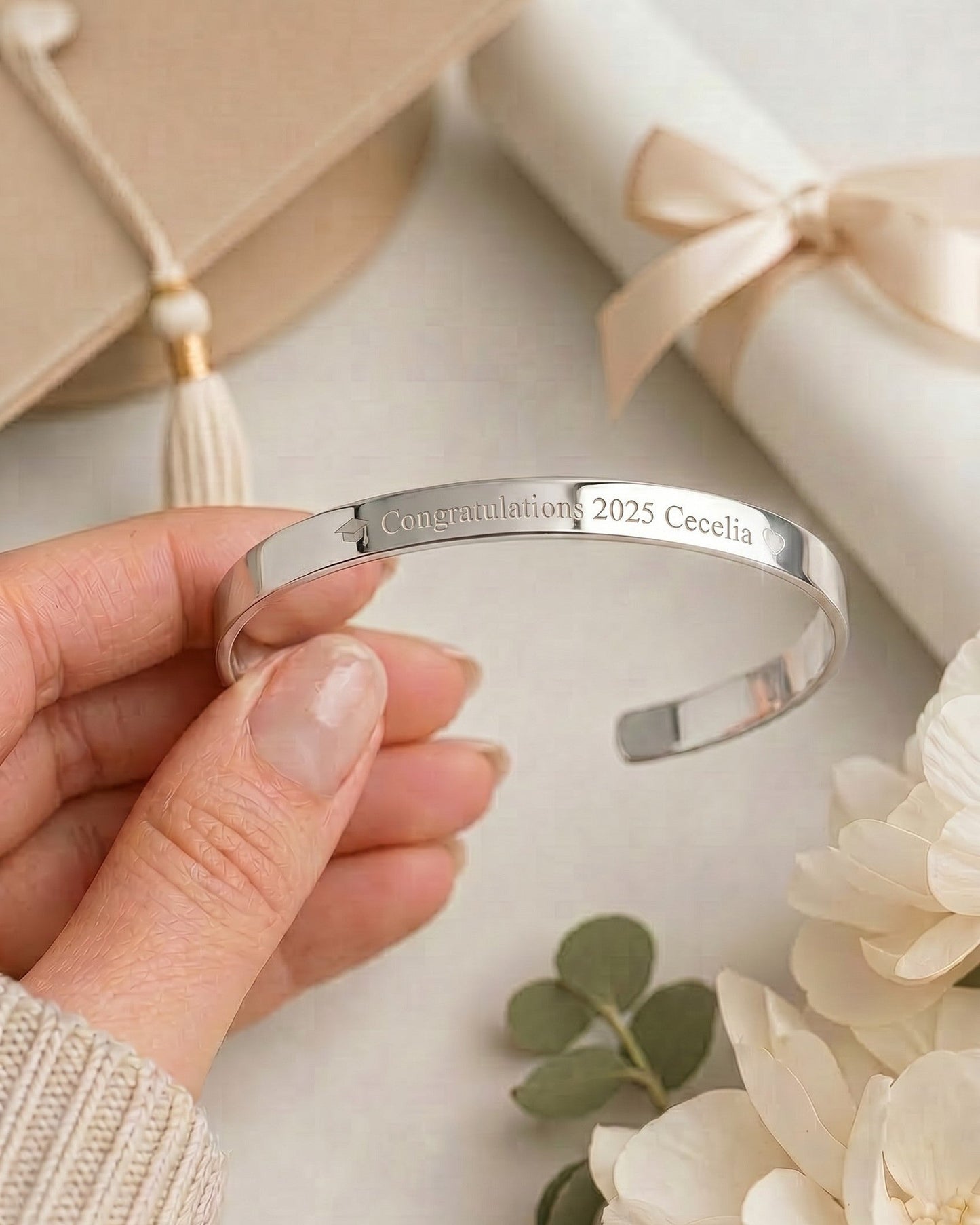 silver bracelet with text congratulatoins